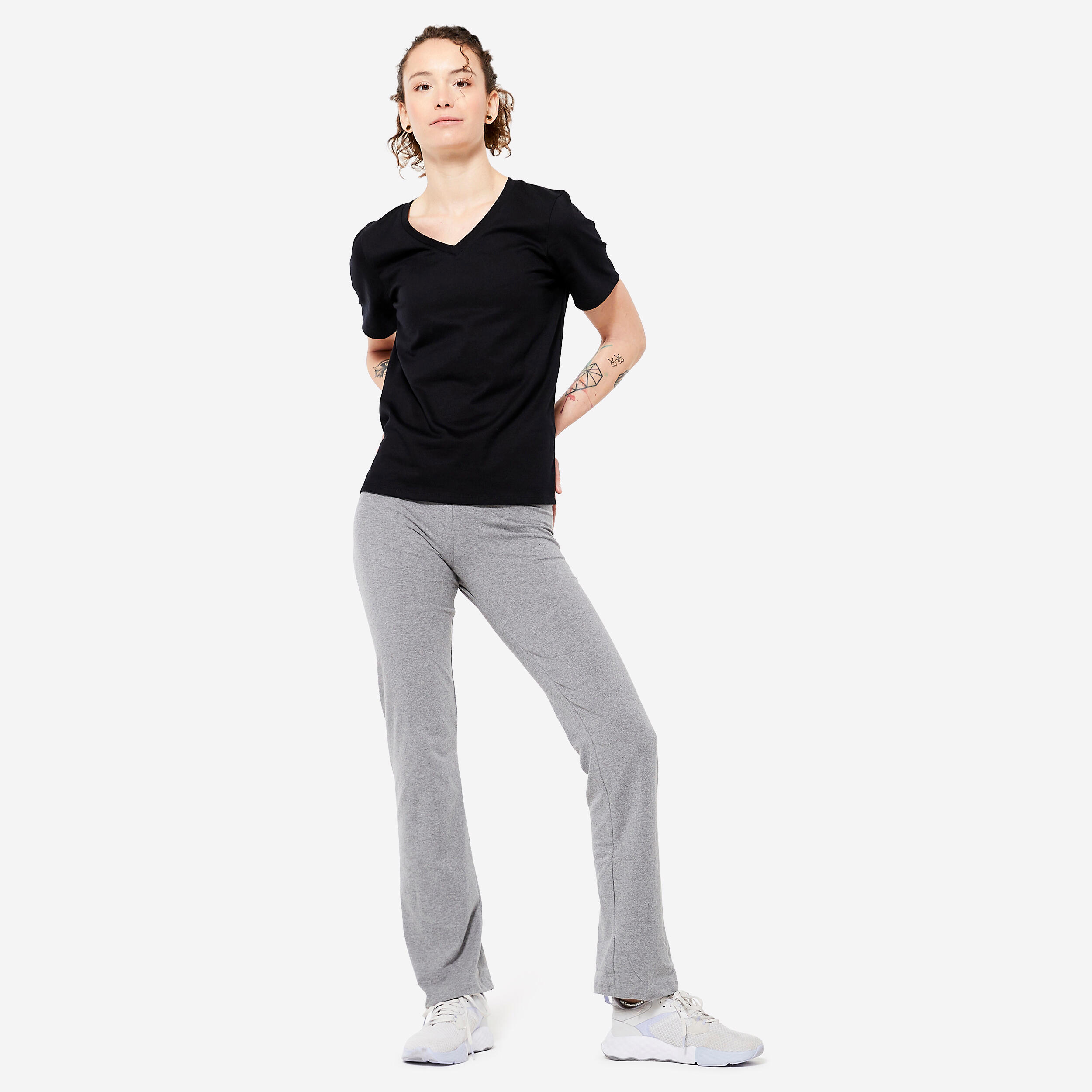 Leggings lunghi da donna in cotone elasticizzato a vita bassa per il fitness - Fit+ grigio