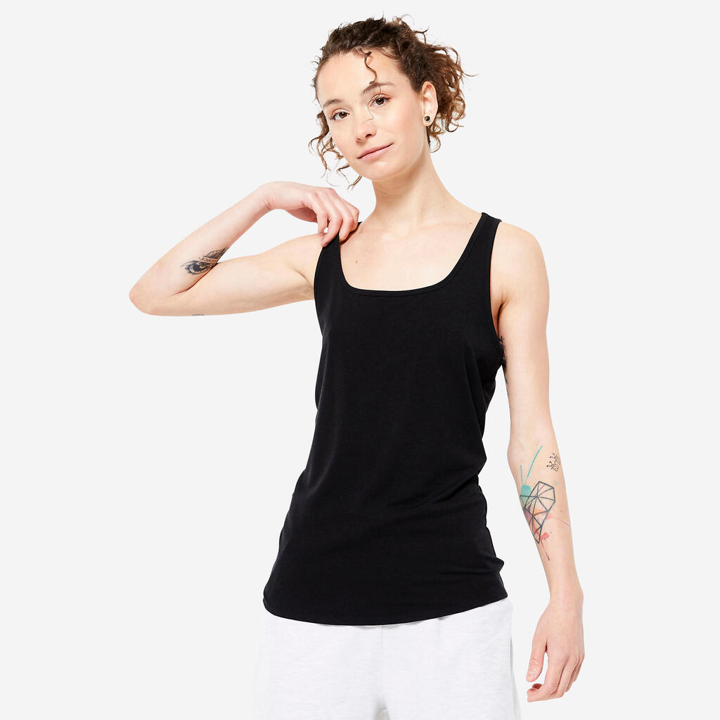 POLERA FITNESS 500 MUJER NEGRO SIN MANGAS SLIM CUELLO REDONDO