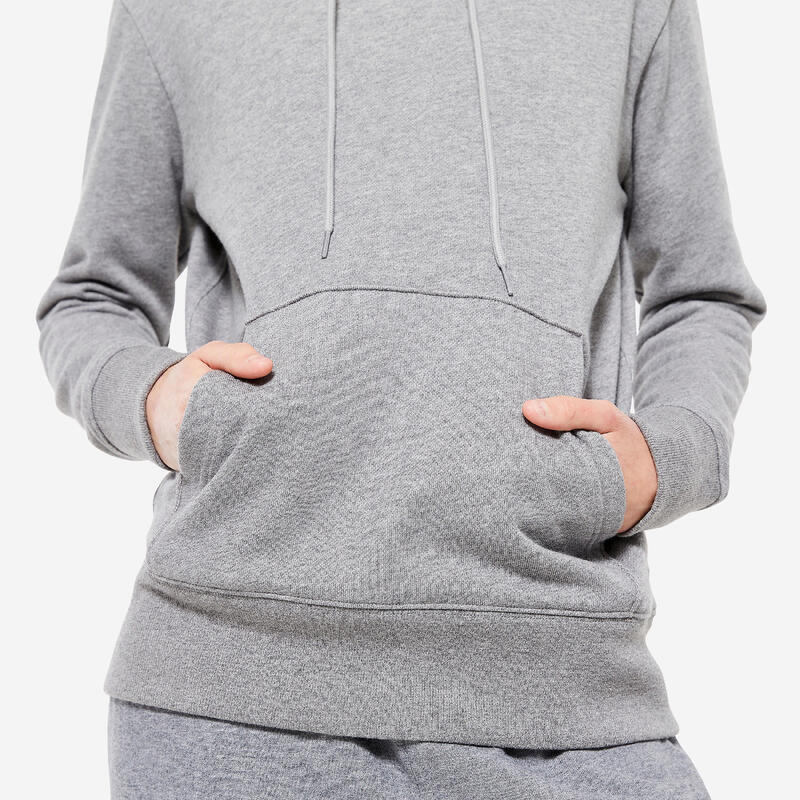 Sweat à capuche en coton fitness femme, gris
