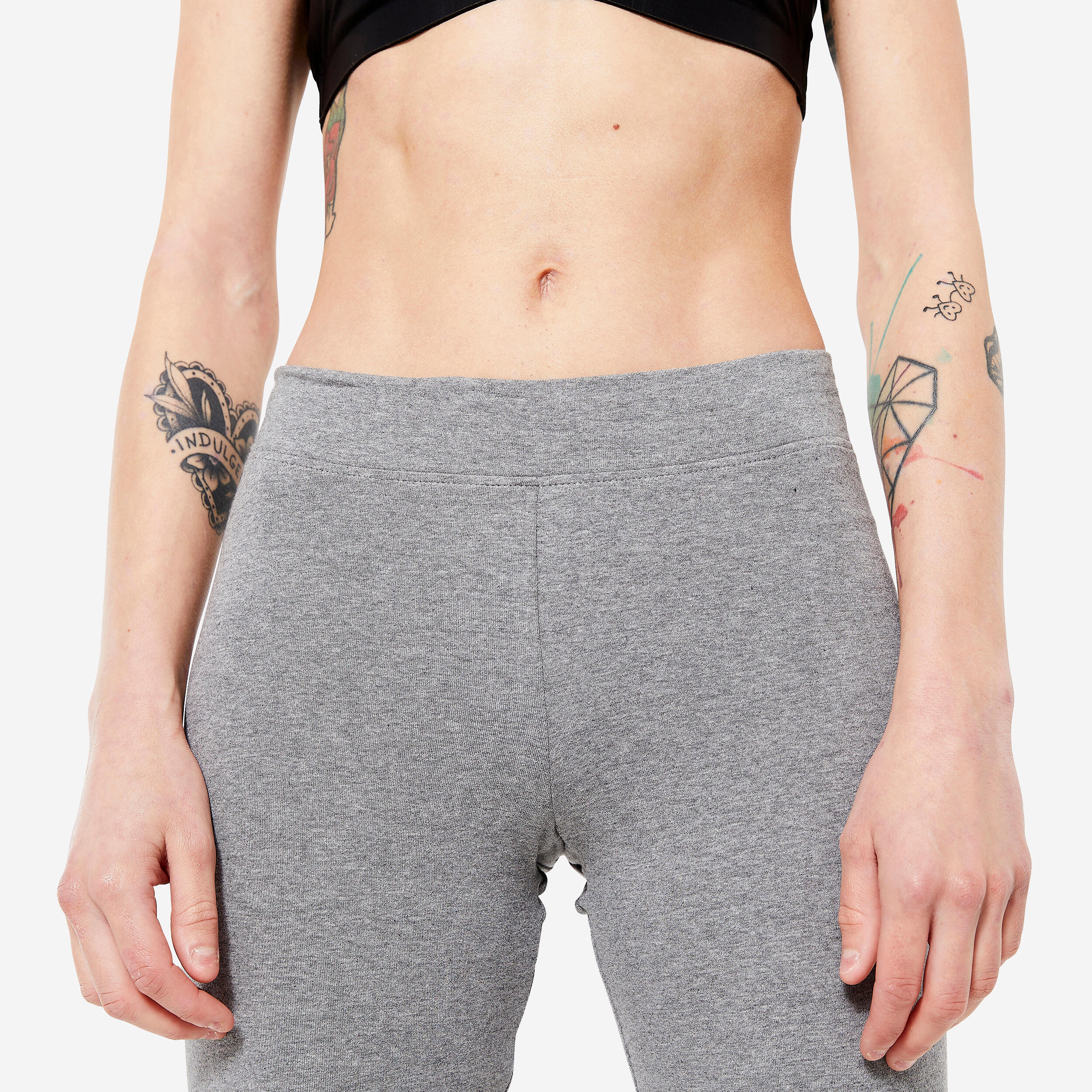 Leggings lunghi da donna in cotone elasticizzato a vita bassa per il fitness - Fit+ grigio