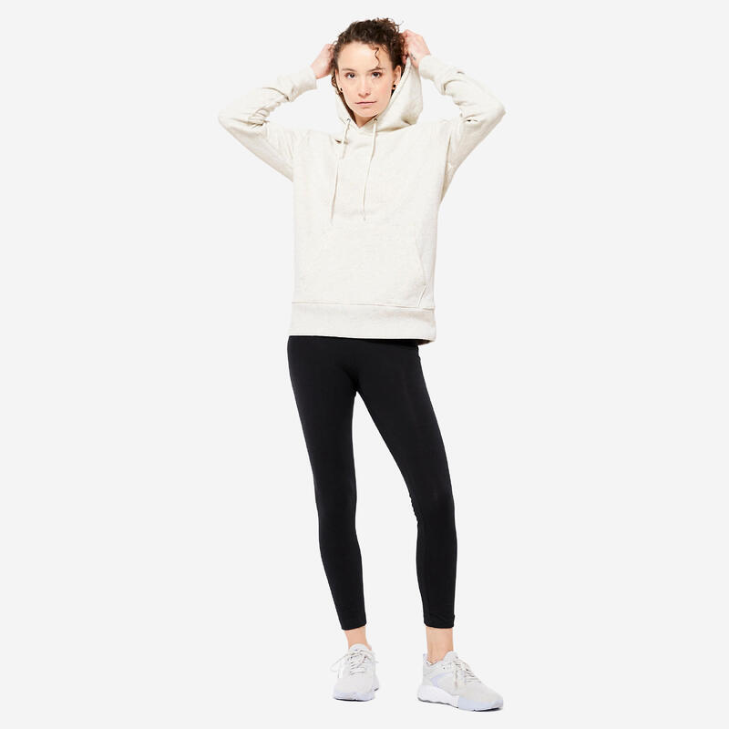 Sweat à capuche long fitness femme, blanc coton