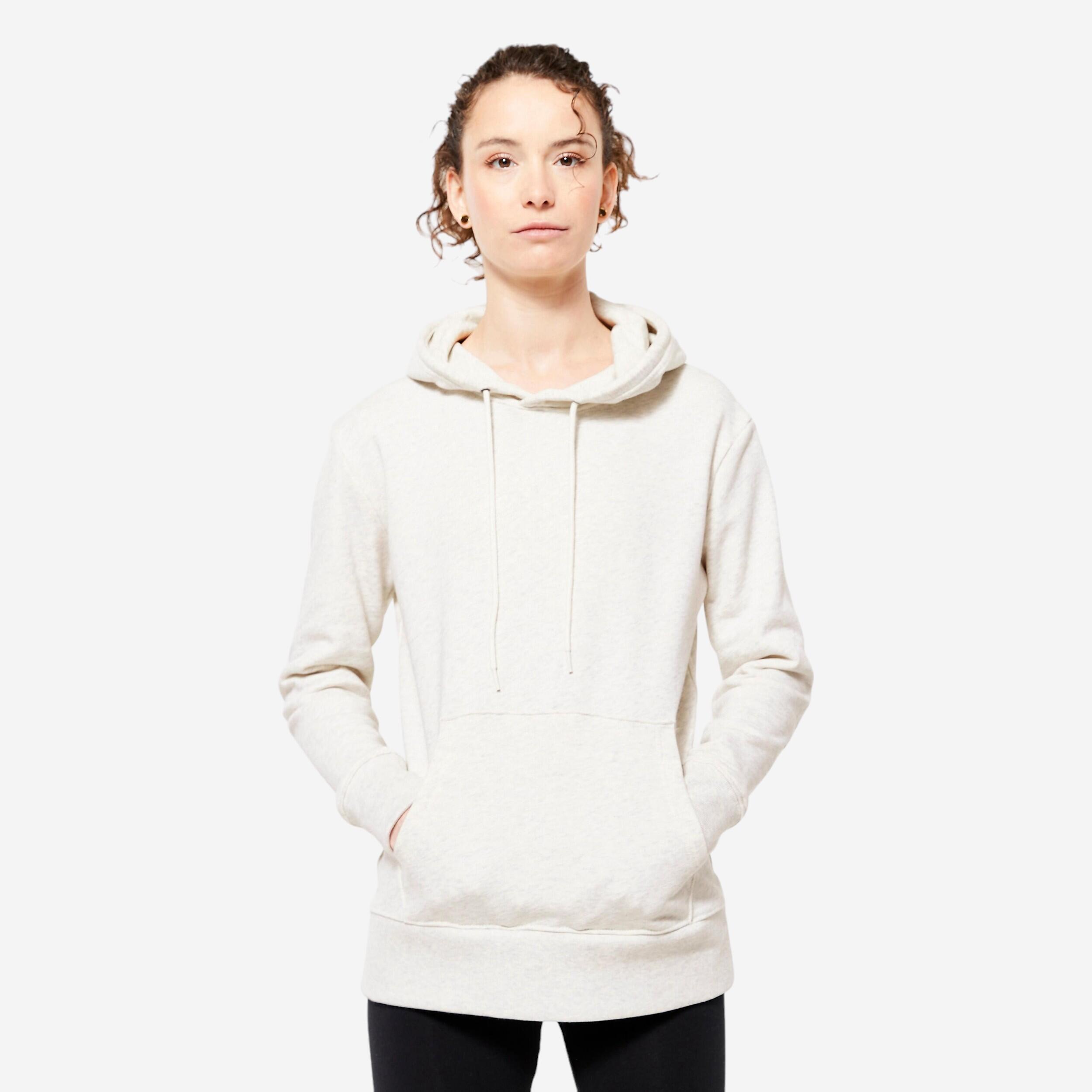 sweat à capuche fitness femme - 500 essentials blanc cassé - domyos