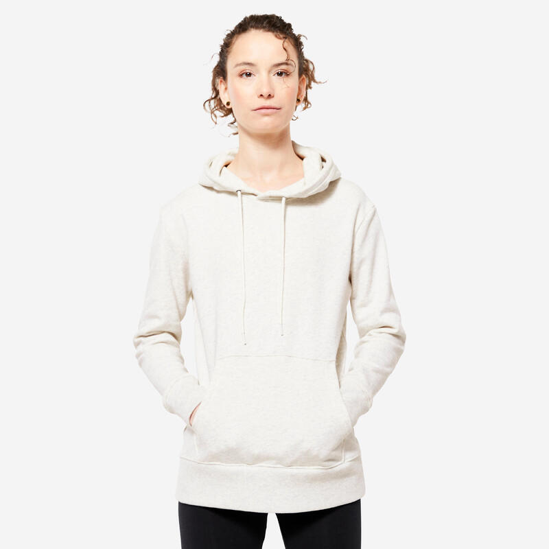 Sweat à capuche long fitness femme, blanc coton