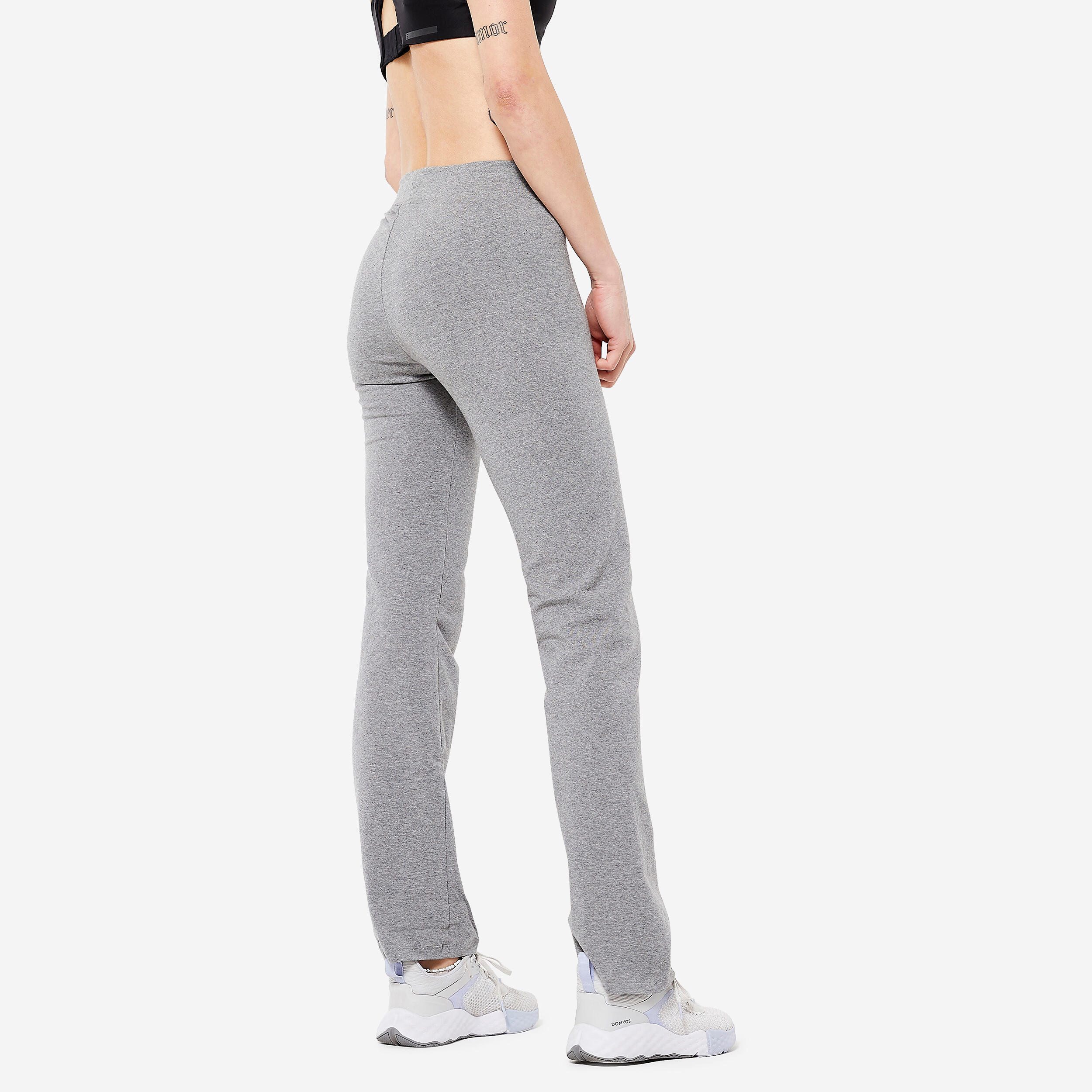 Leggings lunghi da donna in cotone elasticizzato a vita bassa per il fitness - Fit+ grigio