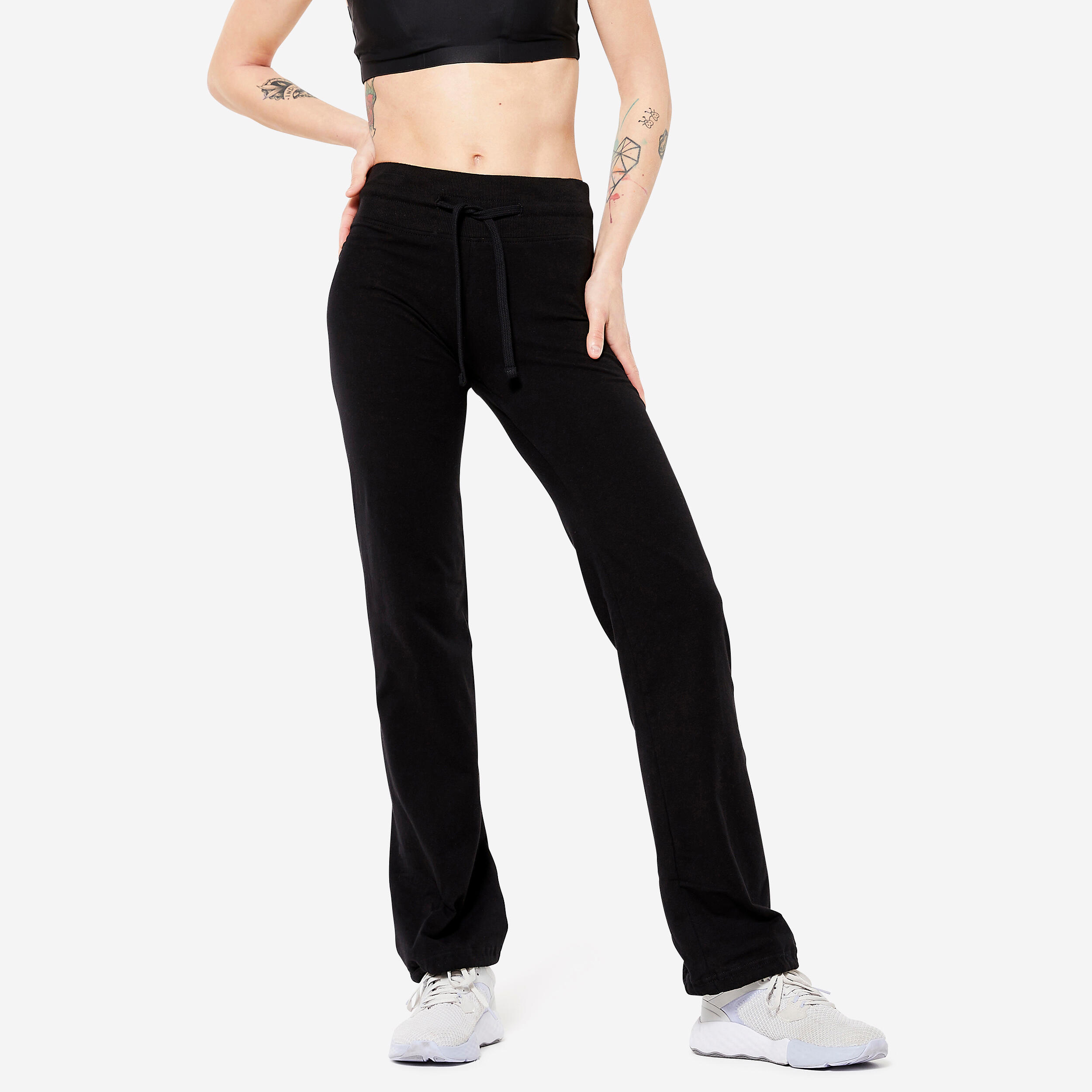 Women’s straight-leg cotton sports leggings with adjustable ankle, black