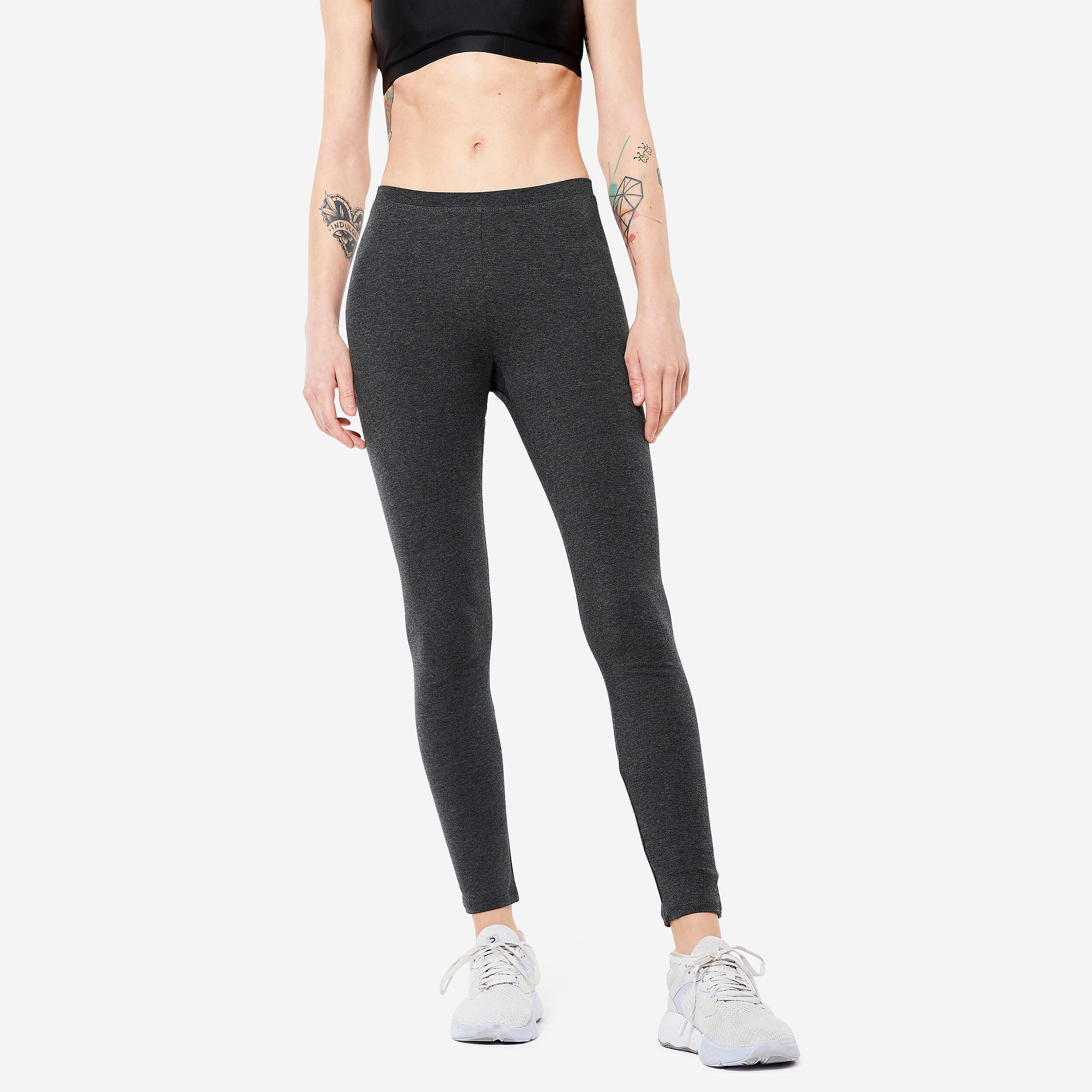 Women's Slim-Fit Fitness Leggings 100 - Mottled Dark Grey DOMYOS