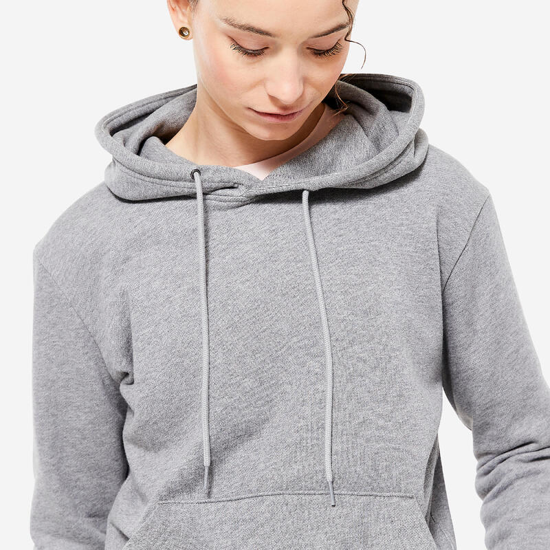 Sweat à capuche en coton fitness femme, gris