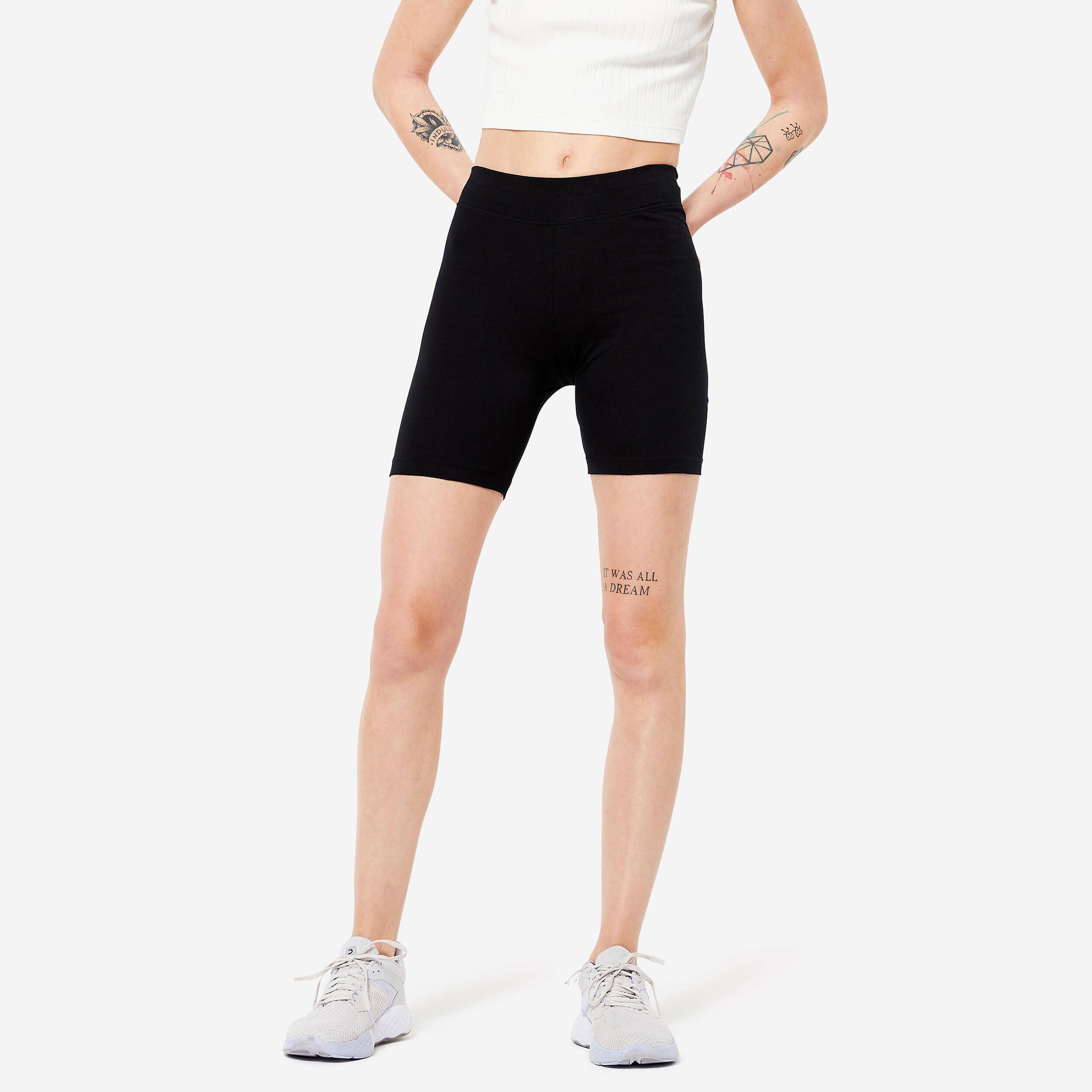 Women's Cotton Gym Short Cyclist fit 500 - Black -  1