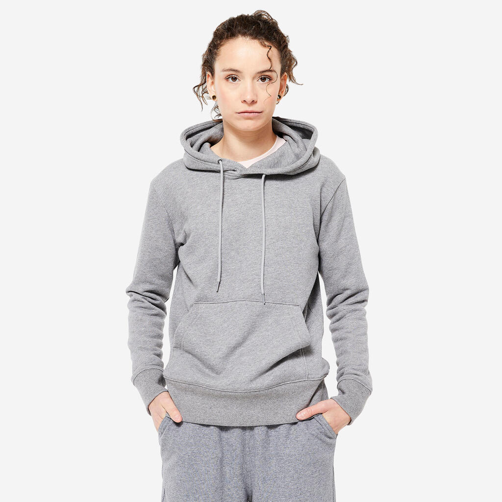 Sweat à capuche long fitness femme, gris