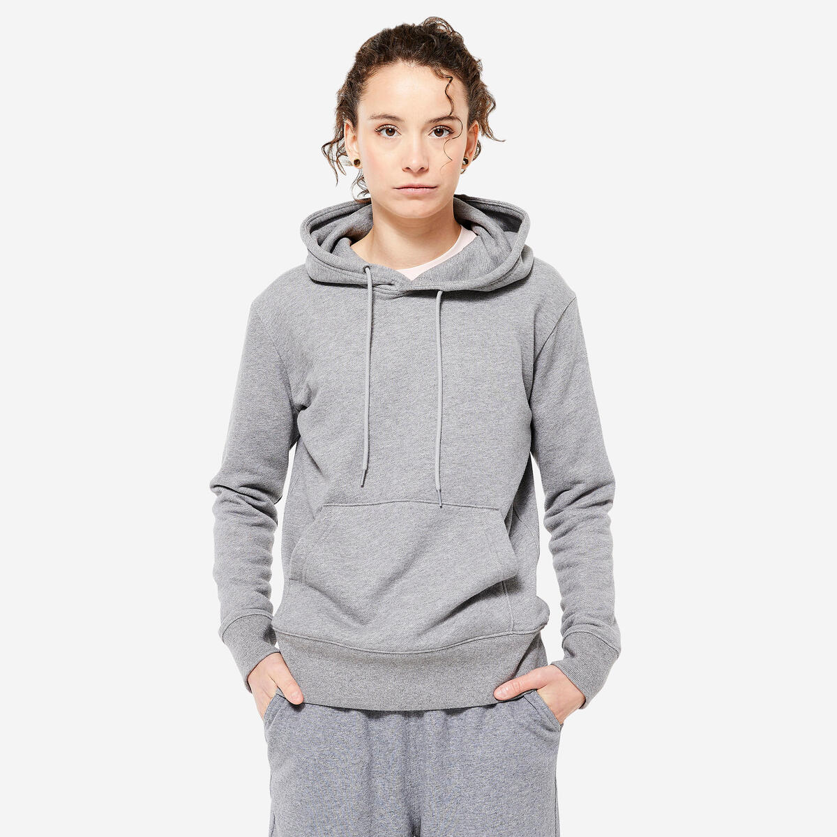 Sweat à capuche en coton fitness femme, gris