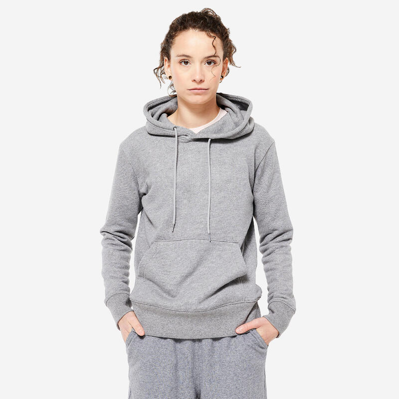 Sweat à capuche long fitness femme, gris