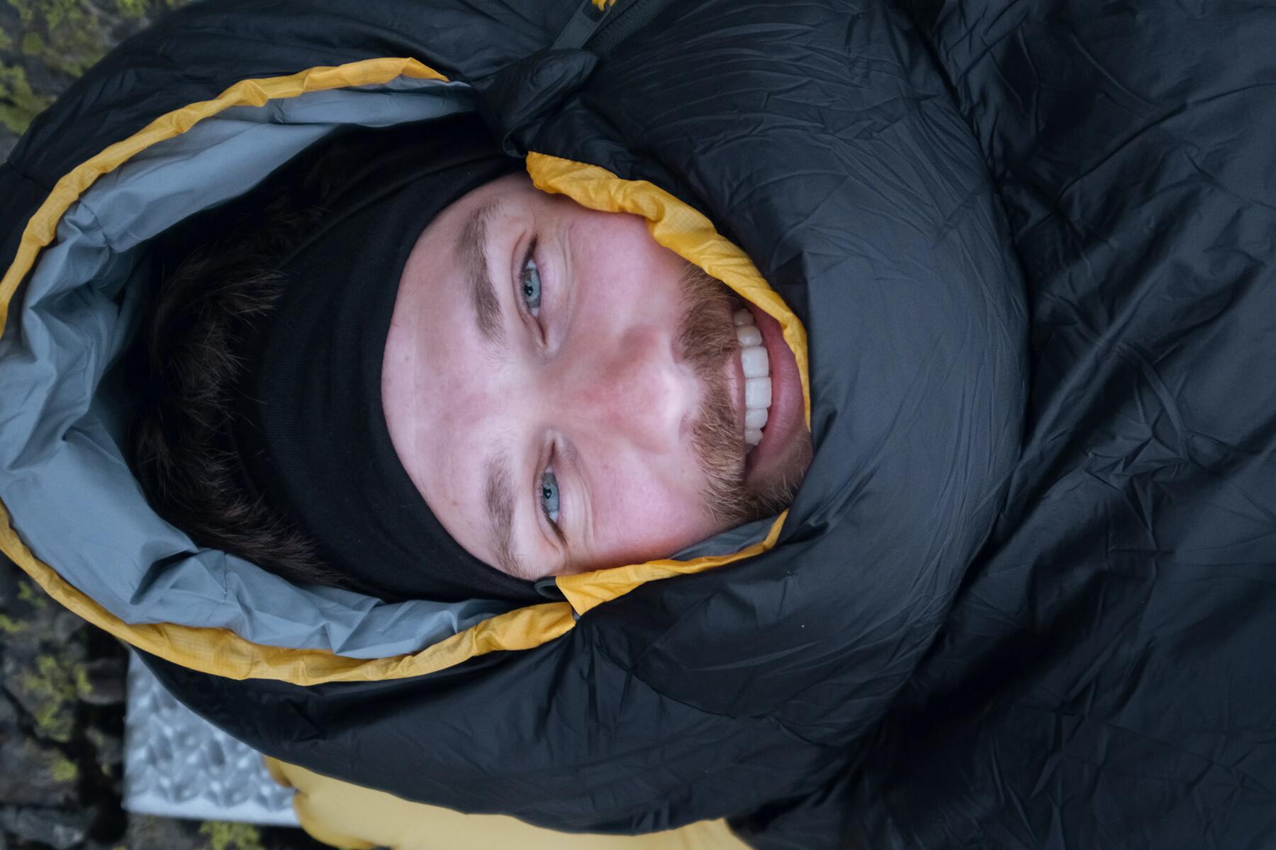 image of two types of sleeping bags and a man in a sleeping bag