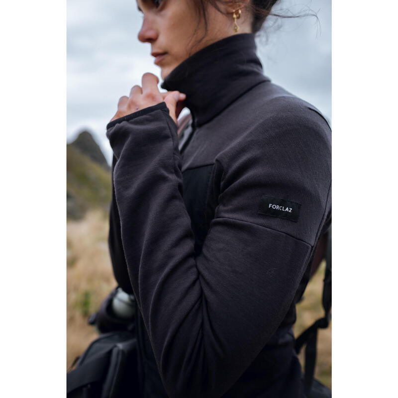 Midlayer met lange mouwen voor trekking dames MT900 merinowol zwart