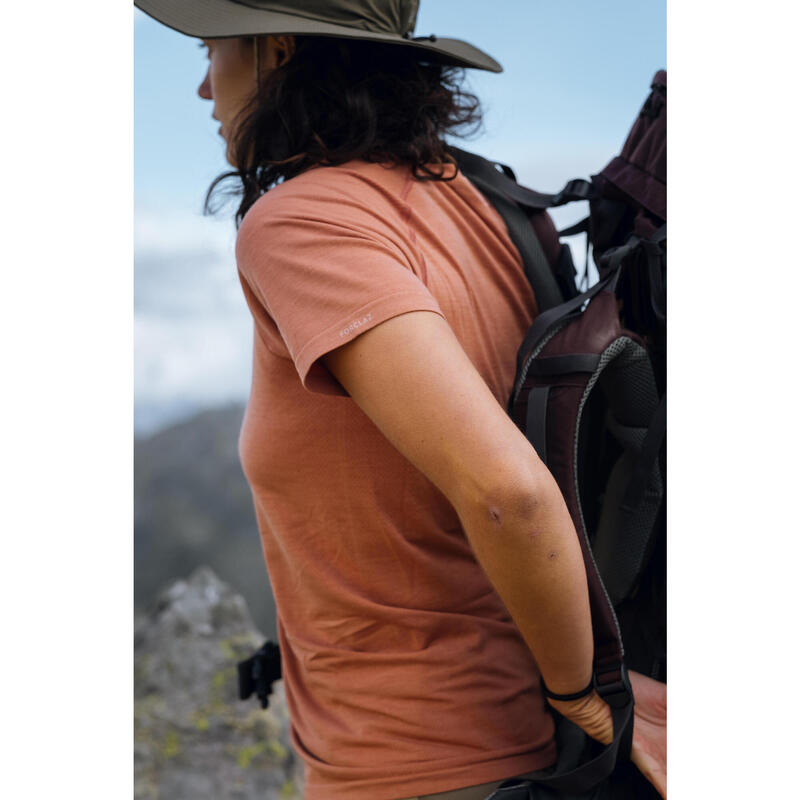 Seamless trekkingshirt met korte mouwen voor dames MT900 merinowol perzikroze