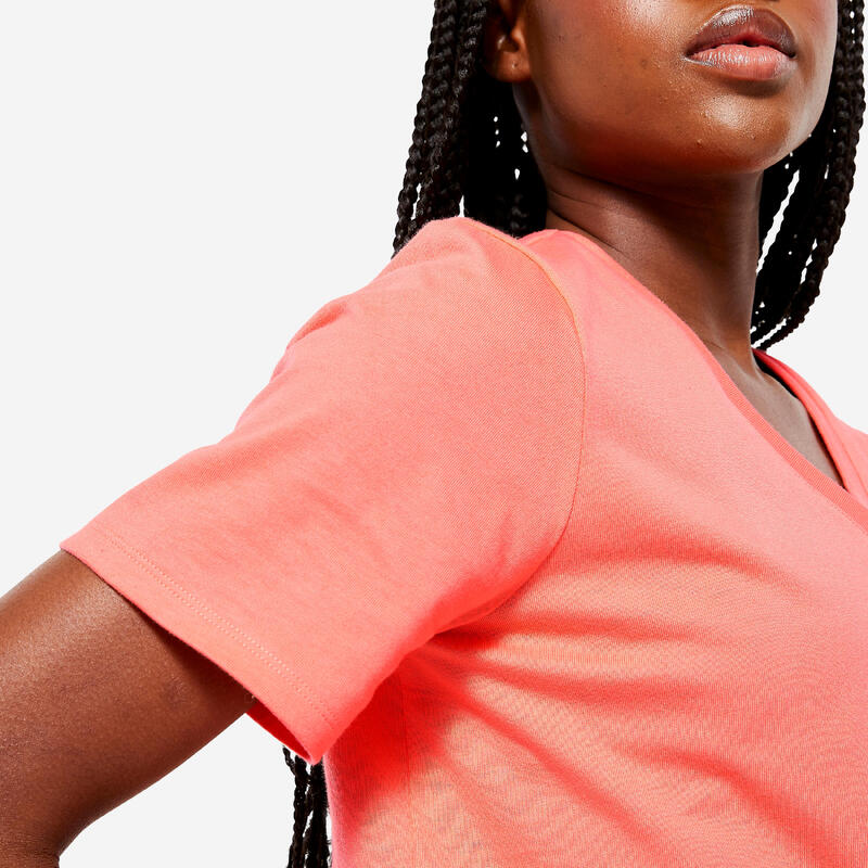 T-shirt col V fitness en coton femme, orange pastel