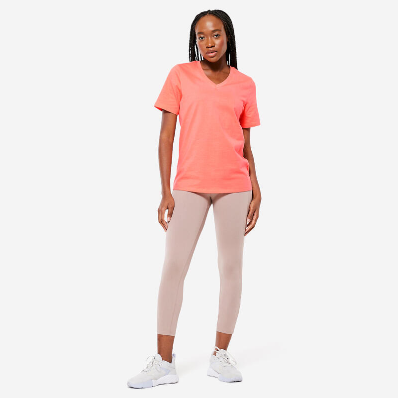 T-shirt col V fitness femme, orange pastel corail