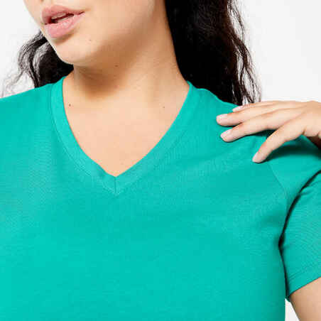 Moteriški kūno rengybos marškinėliai su V formos iškirpte „500“, žali