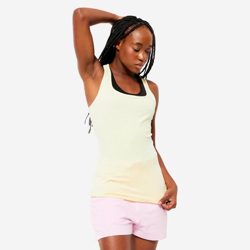 Débardeur slim col rond fitness femme, jaune vanille