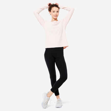 Women's Fitness Long-Sleeved Straight Cotton T-Shirt 500 - Pink