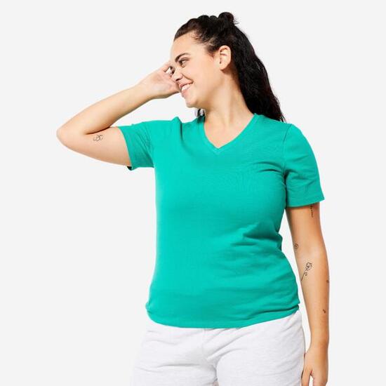 T-shirt col V fitness en coton femme, vert turquoise