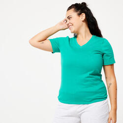 Camiseta Fitness 500 Mujer Verde Caribe Cuello Pico