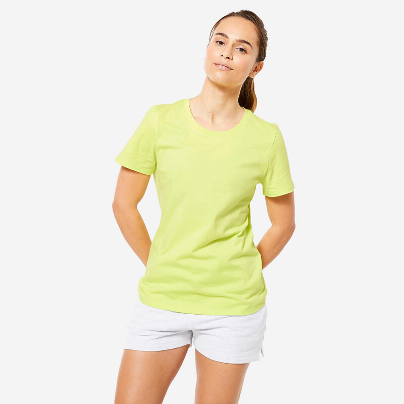 T-shirt donna palestra 500 ESSENTIALS regular fit 100% cotone gialla