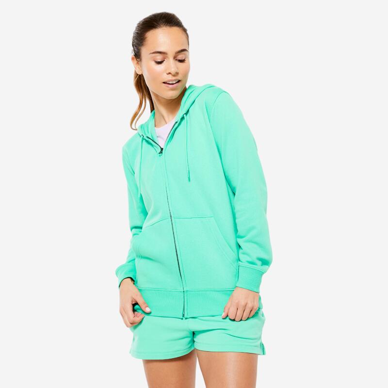 Sweat zippé fitness femme, vert écume