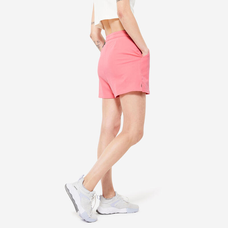 Short Fitness femme coton avec poche - 520 rose litchi