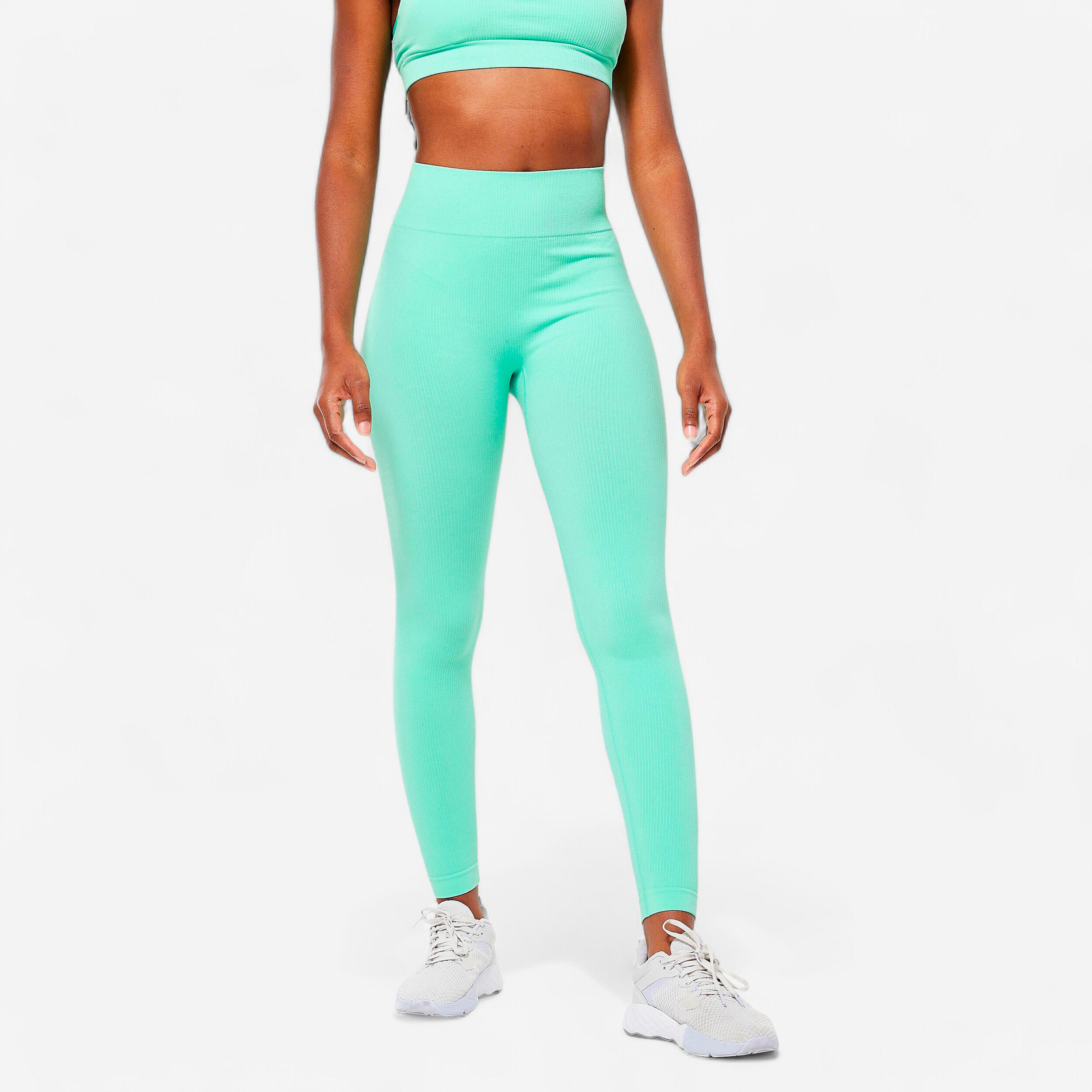 Legging Fitness Femme - 520 Côtelé Vert Menthe Fraiche