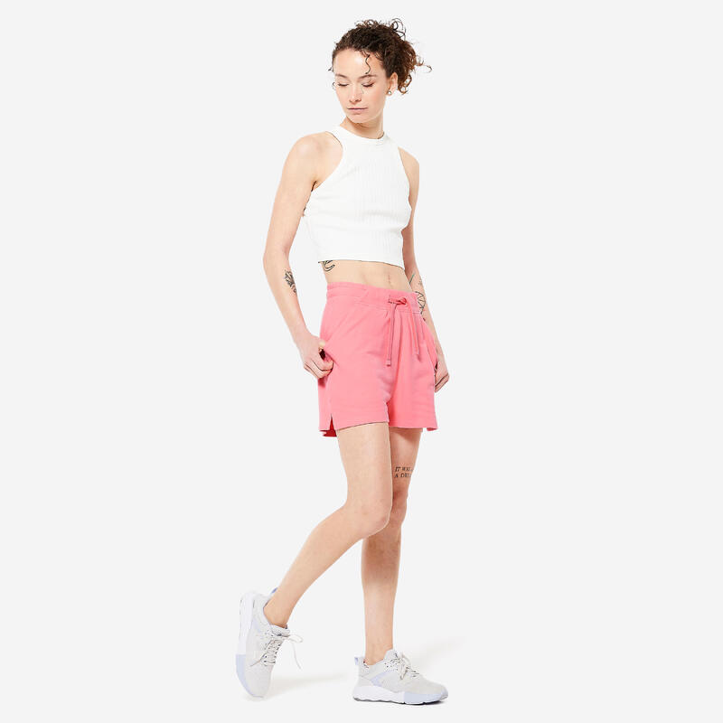 Short Fitness femme coton avec poche - 520 rose litchi