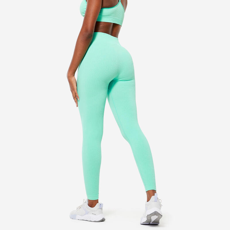 Legging Fitness Femme - 520 Côtelé Vert menthe fraîche