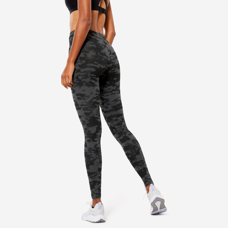 女款修身健身緊身褲 Fit+ 500－黑色印花