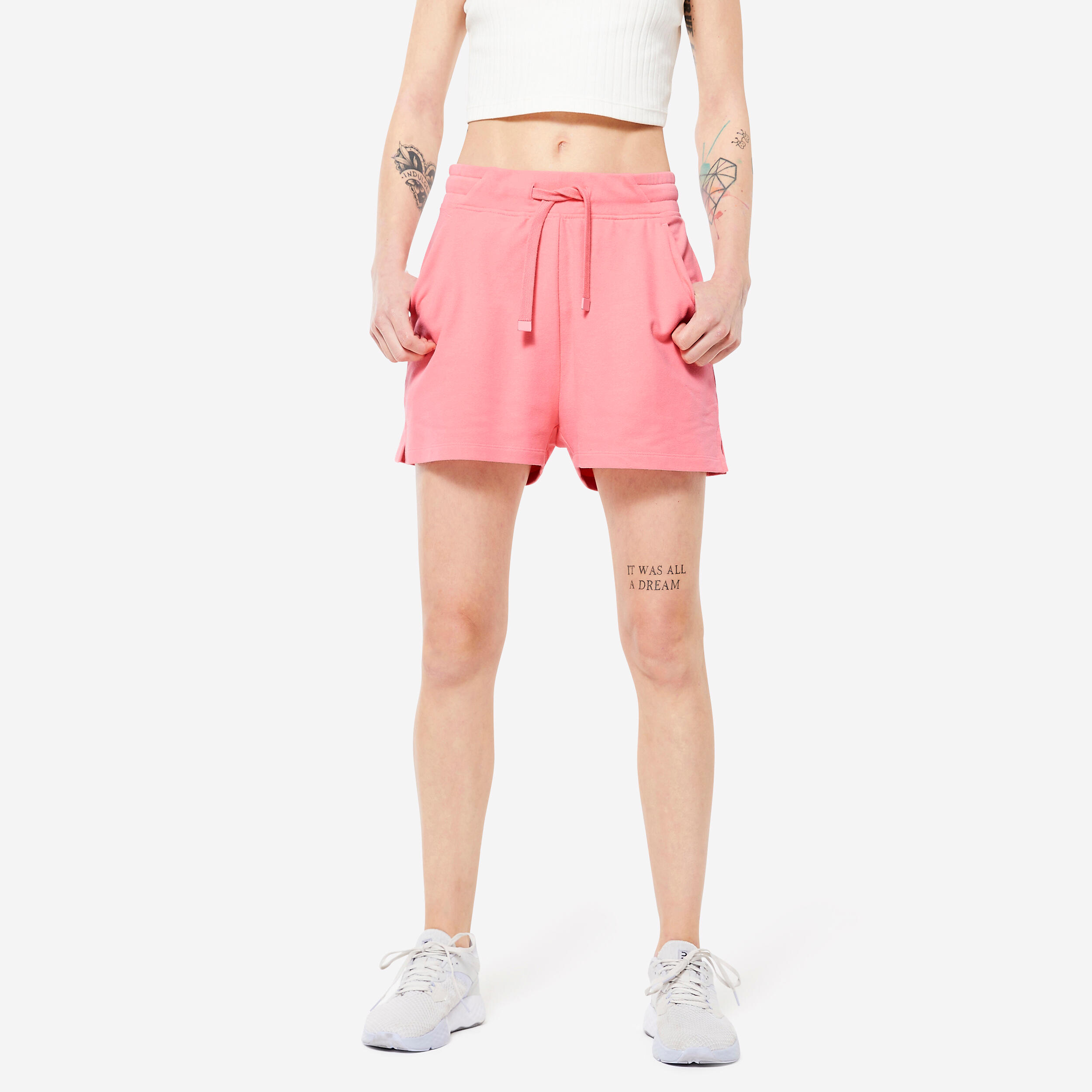 DOMYOS Women's Cotton Fitness Shorts with Pocket 520 - Pink Lychee