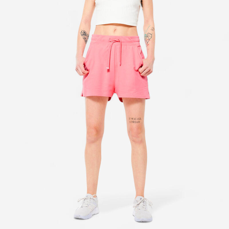 Short Fitness femme coton avec poche - 520 rose litchi