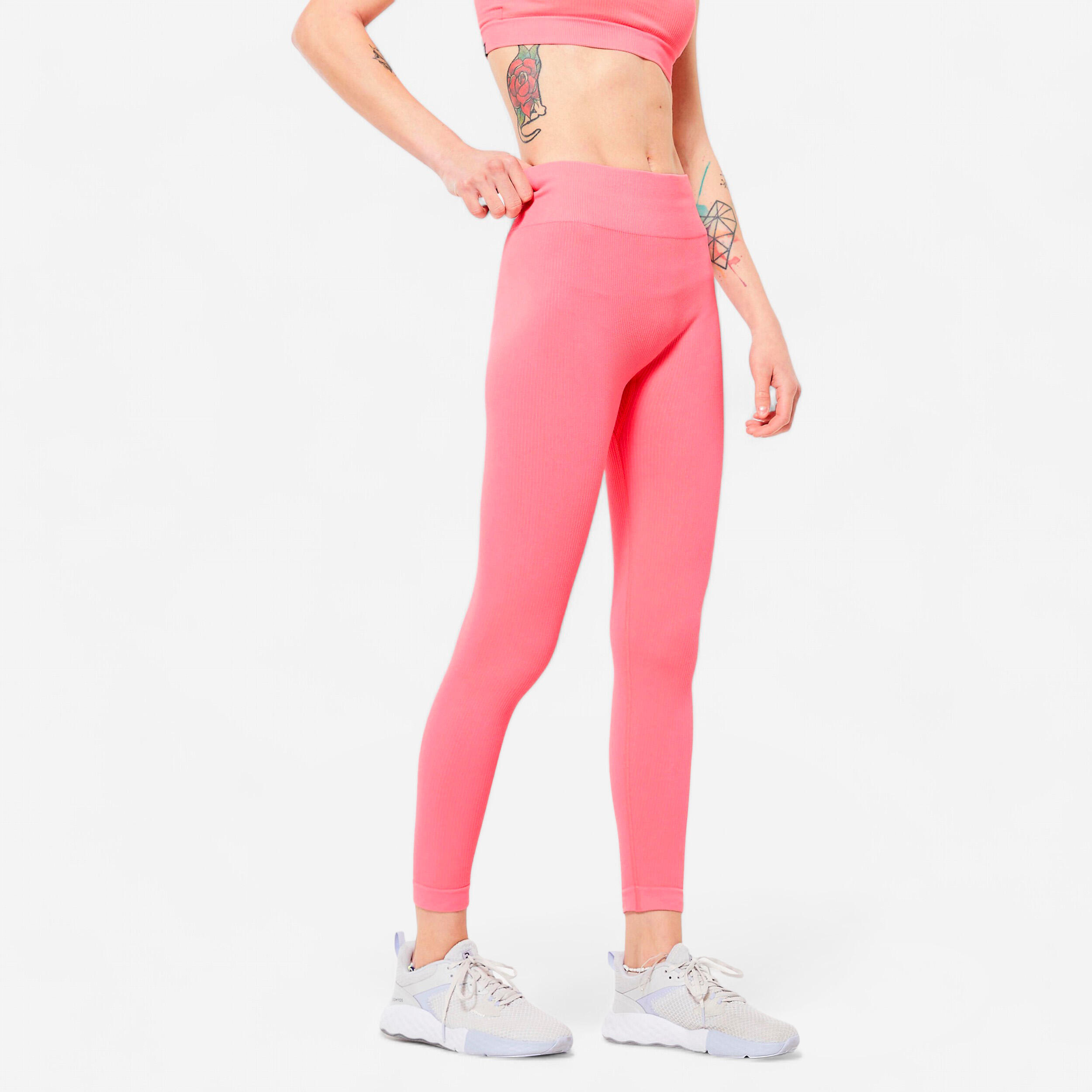 Legging Fitness Femme - 520 Côtelé Rose litchi