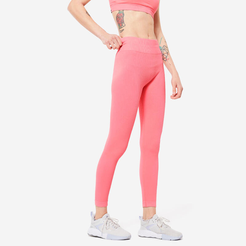 Legging Fitness Femme - 520 Côtelé Rose litchi