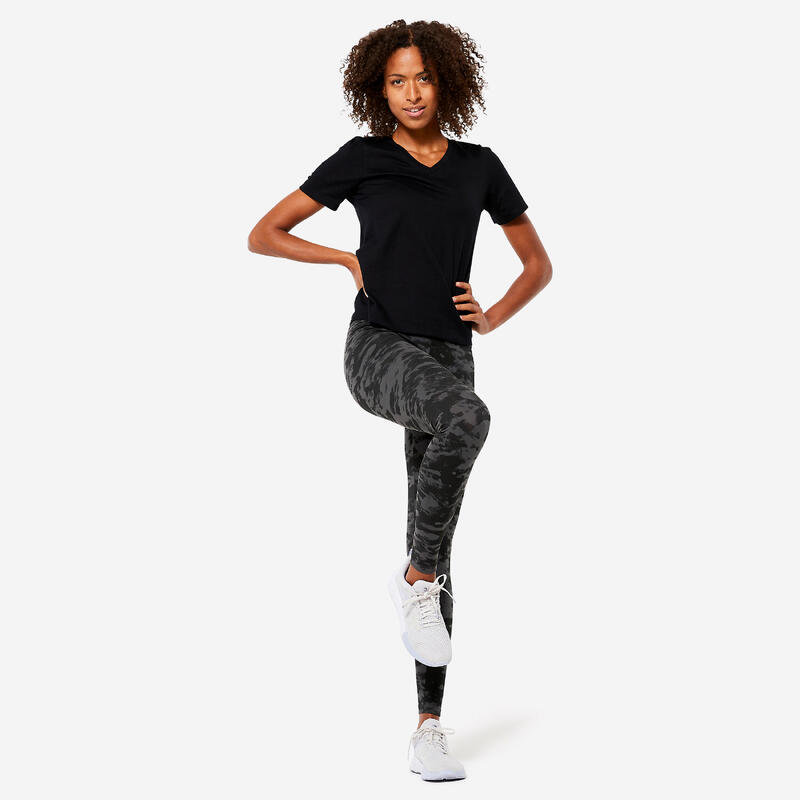 Fitness legging voor dames Fit+ 500 slim fit zwart met print