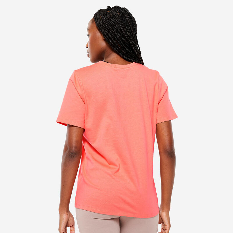 Camiseta Fitness Mujer Naranja Coral Pastel Cuello Pico