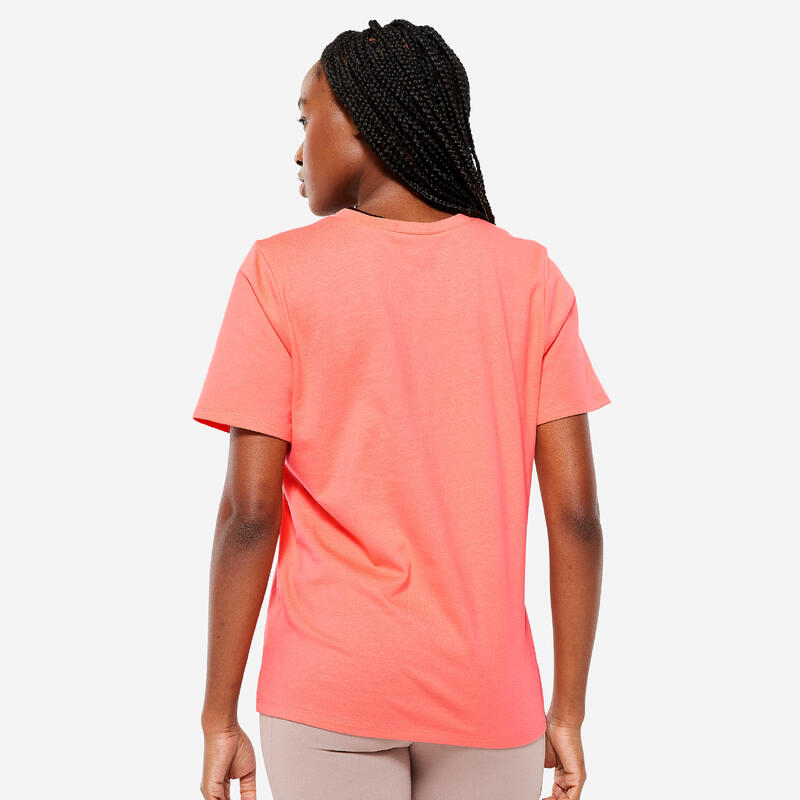 T-shirt col V fitness en coton femme, orange pastel
