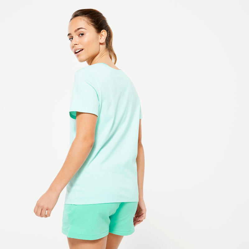 T-shirt donna palestra 500 ESSENTIALS regular fit 100% cotone verde
