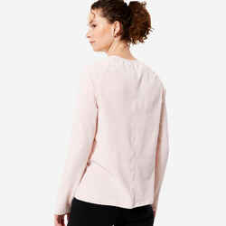 Women's Fitness Long-Sleeved Straight Cotton T-Shirt 500 - Pink