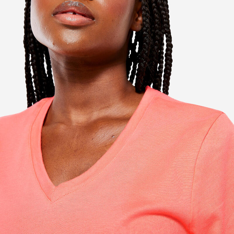 T-shirt col V fitness en coton femme, orange pastel