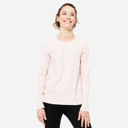 Women's Fitness Long-Sleeved Straight Cotton T-Shirt 500 - Pink