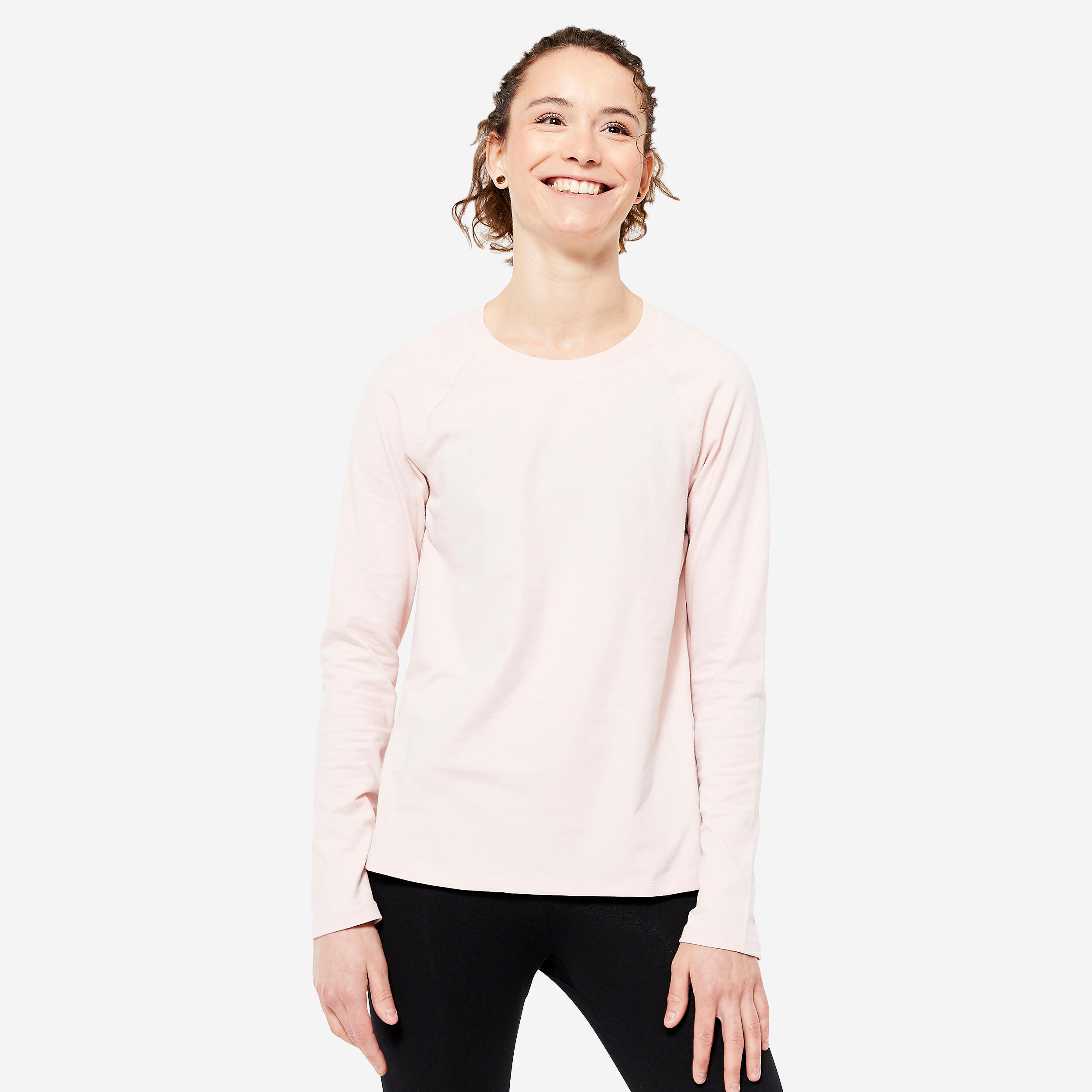 Decathlon | T-shirt donna fitness 500 maniche lunghe misto cotone rosa |  Domyos