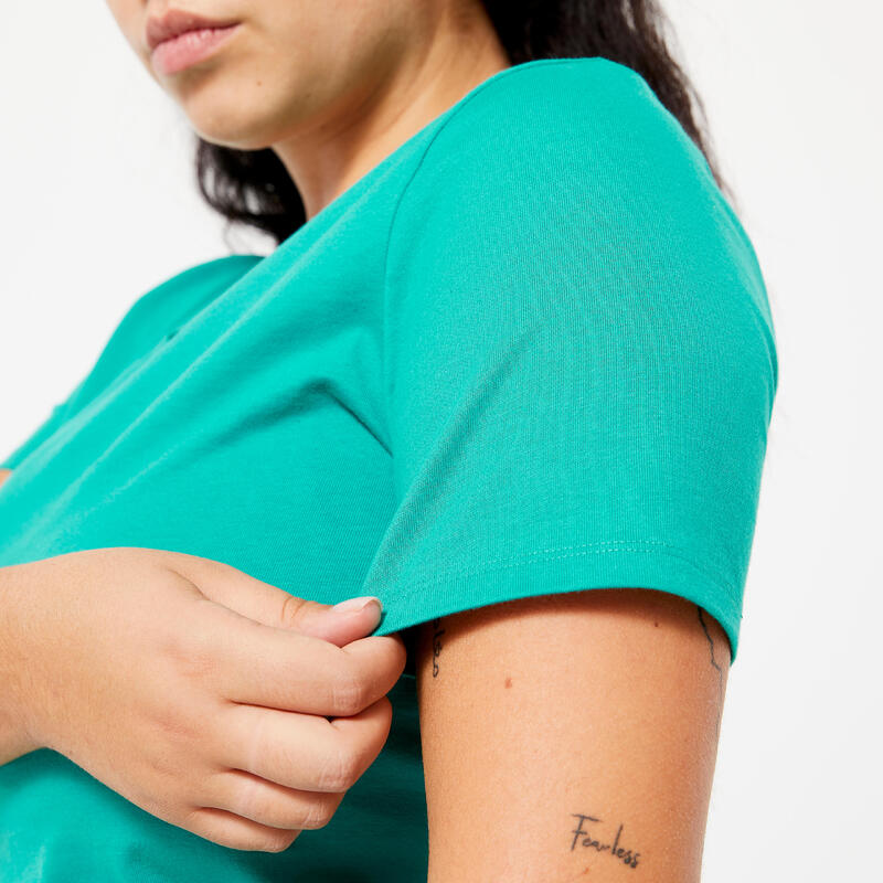 T-shirt col V fitness en coton femme, vert turquoise