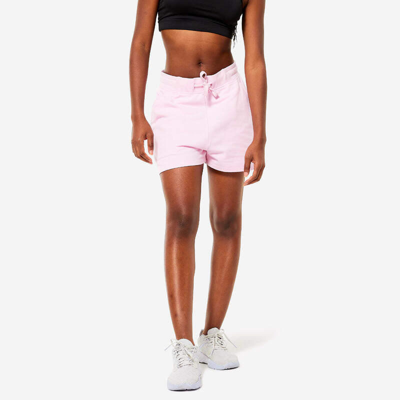 Pantaloncini donna palestra 520 regular fit cotone con tasca rosa chiaro