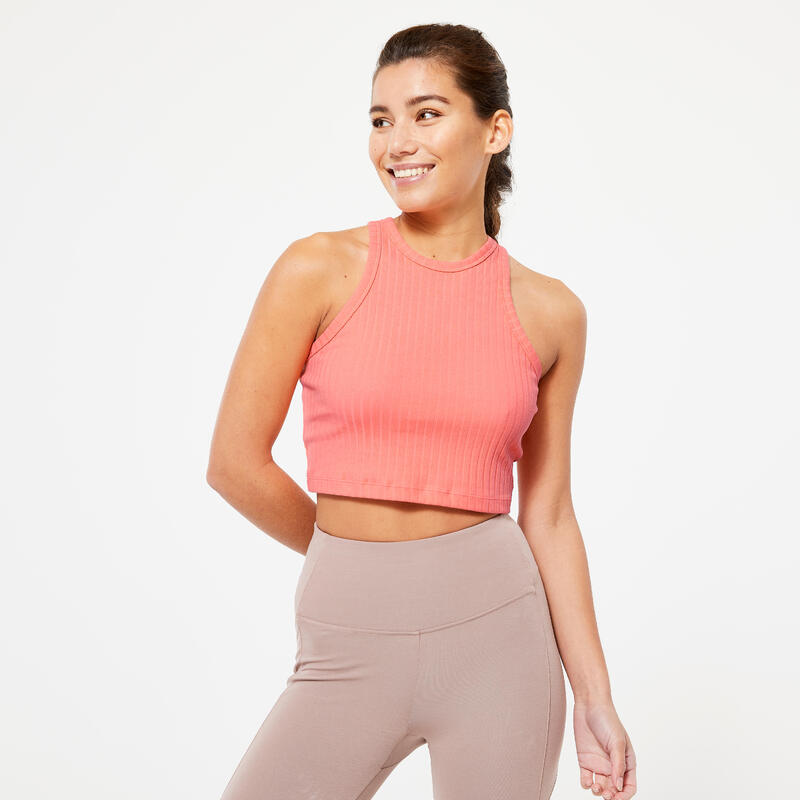 Crop top voor fitness dames 520 ribtricot pastelkoraal