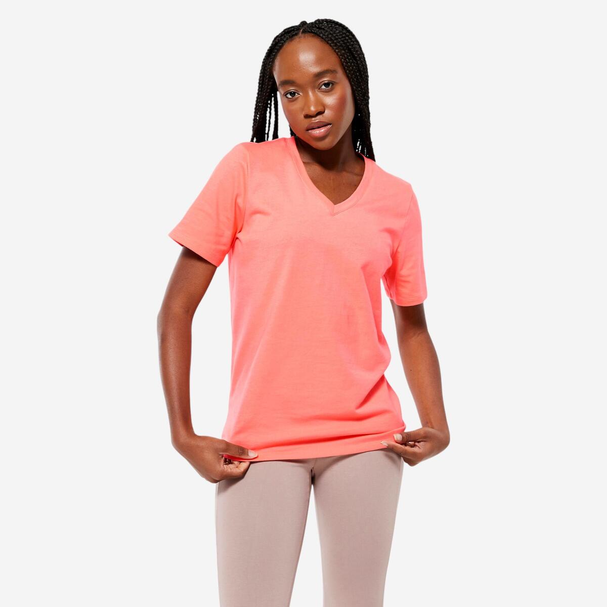 T-shirt col V fitness en coton femme, orange pastel