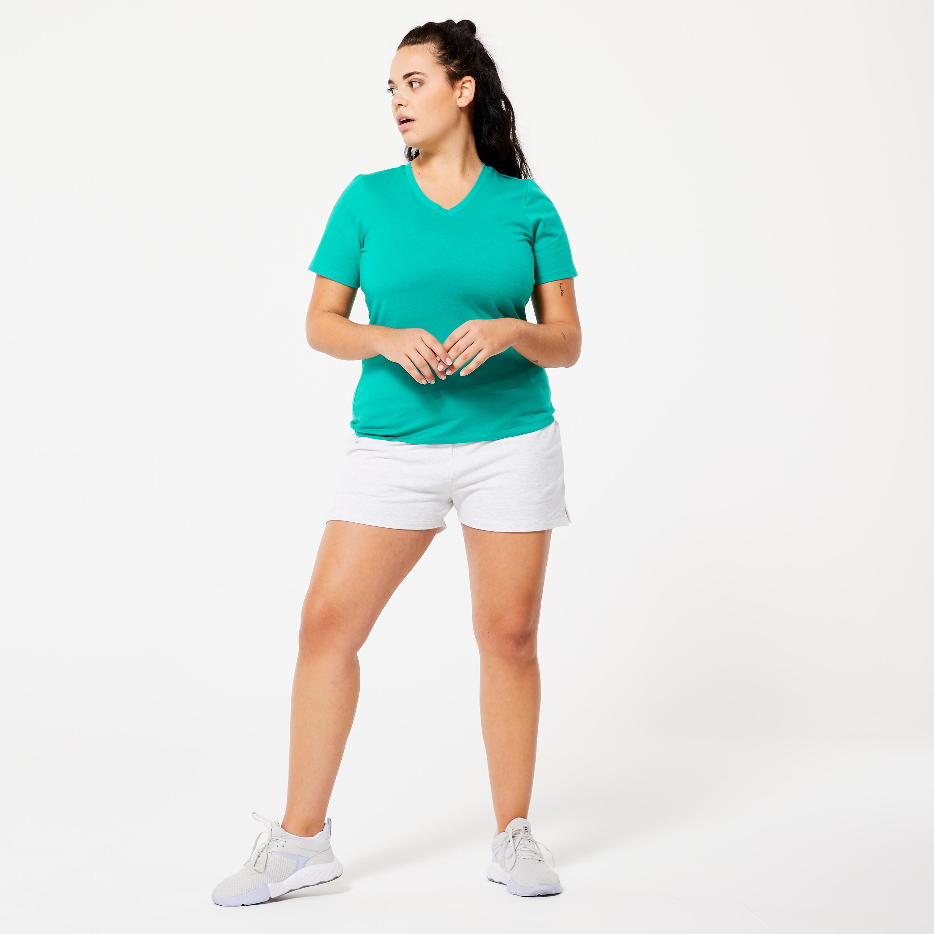 Women's V-Neck Cotton Fitness T-Shirt - Turquoise 2/5