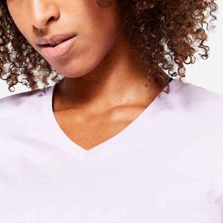 Moteriški kūno rengybos marškinėliai su V formos iškirpte „500“,violetiniai